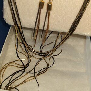 Vintage Five Strand Black & Gold Necklace with Matching Dangle Earrings